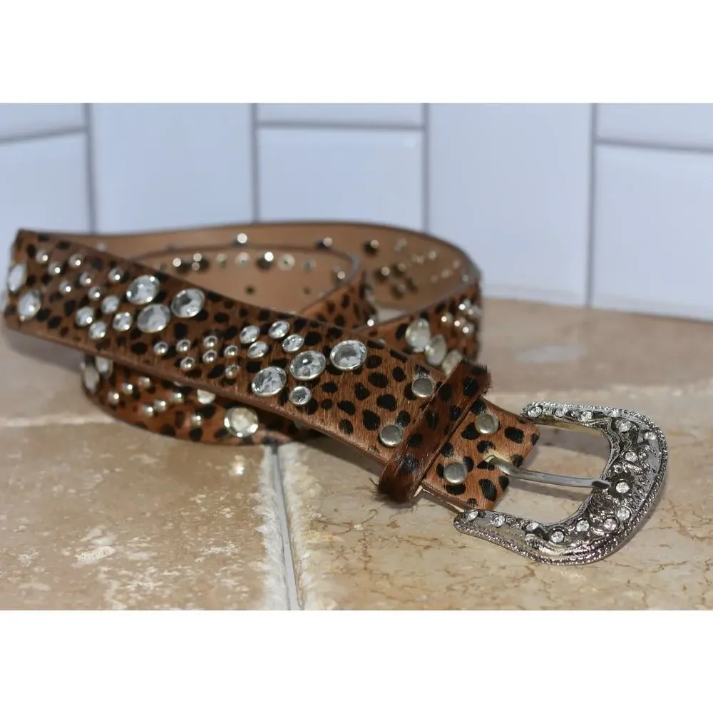 CARA New York Leather Belt Calf Hair Rhinestone Embellishments Western Buckle